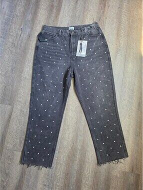 Simple Society Women's Black Dark Wash Denim High Rise Straight Studded 5-Pocket